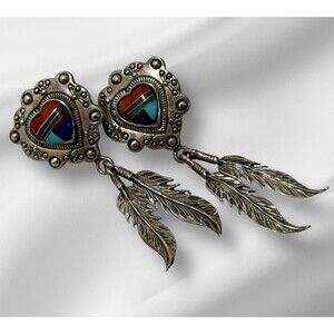 Quoc Turquoise Southwest Sterling Inlay Heart Dangle Earrings QT